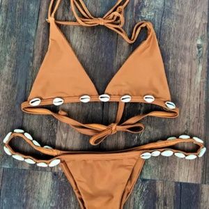 Tan two piece bikini with seashells